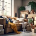 moving day bright room with packed cardboard boxes generative ai